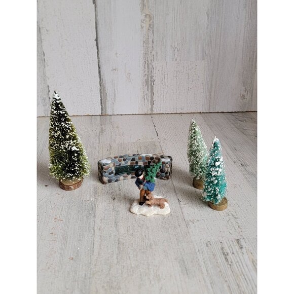 Tree cutting man bench village accessory xmas set snow - Picture 1 of 7